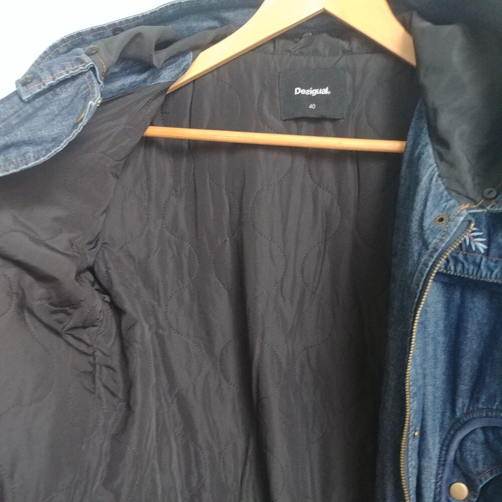Desigual cotton denim embroidered parka style jacket blue quilted sleeves 10 - Picture 10 of 16